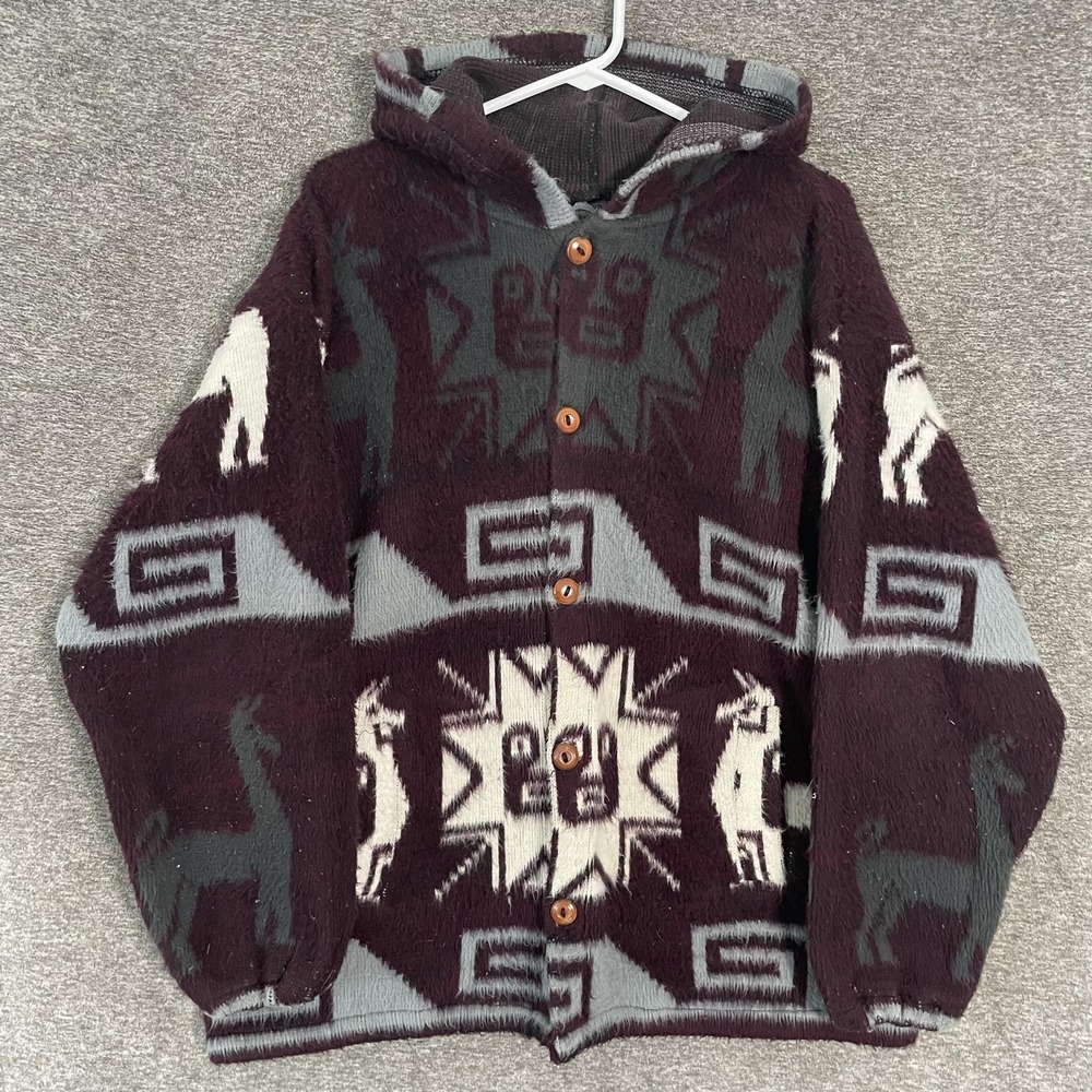 Aztec Sweater Mens Fits Sz Large Hooded Llama Alpaca Knit Cardigan Ecuador